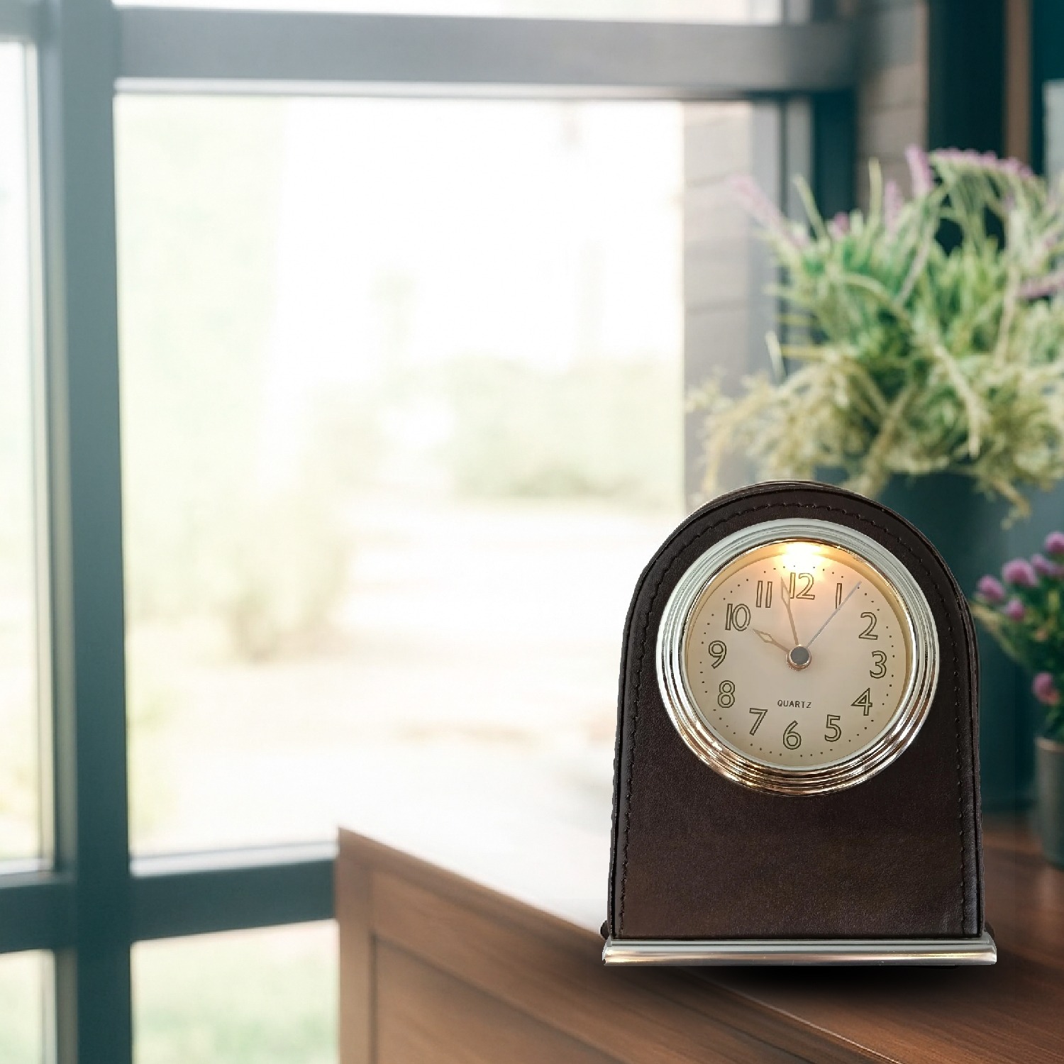 Leather Alarm Clock Mute Movement Hotel Table Desktop Decoration Bell with Light Battery Perfect Home and Office Decor