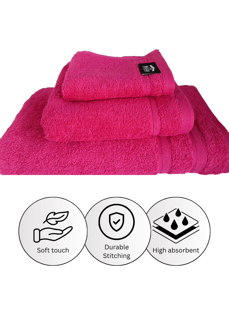 Untitled design (50) Bella Casa - 3 pc Luxury Towel Set, 100% Premium Cotton, 630 GSM, Ultra Soft and Highly Absorbent, Expertly Woven for Durability, Hotel & Spa Quality Towels, 1 Bath Towel 70X150, 1 Hand Towel 50X80cm, 1 Face Towel 30X30cm, Pink