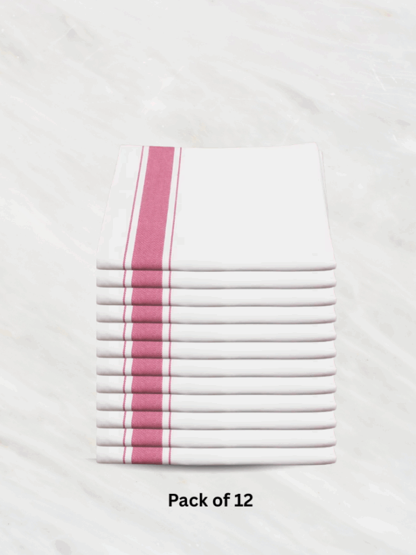 Soft Linen Wiping Cloth, White with Pink stripe (50x70 cm) | Pack of 12