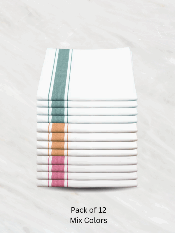 Soft Linen Wiping Cloth, White with Pink, Yellow and Green stripe (50x70 cm) | Pack of 12