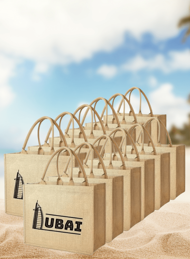 Dubai Souvenir Jute Bag – EcoChic Tote Bags | Pack of 12 | Durable, Stylish & Reusable