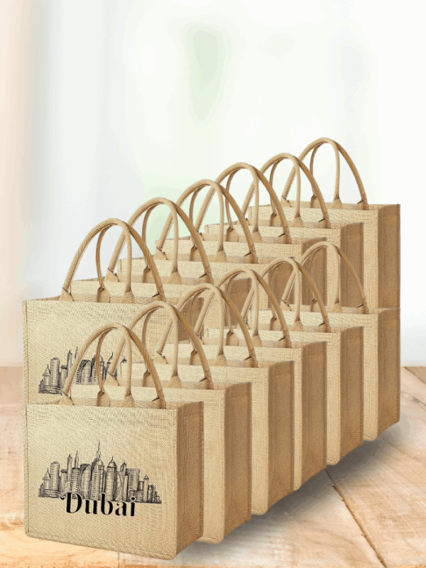 Dubai Souvenir Jute Bag – EcoChic Tote Bags | Pack of 12 | Durable, Stylish & Reusable