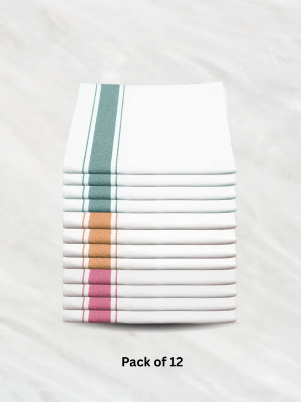 Untitled design (20) Soft Linen Wiping Cloth, White with Pink, Yellow and Green stripe (50x70 cm) | Pack of 12