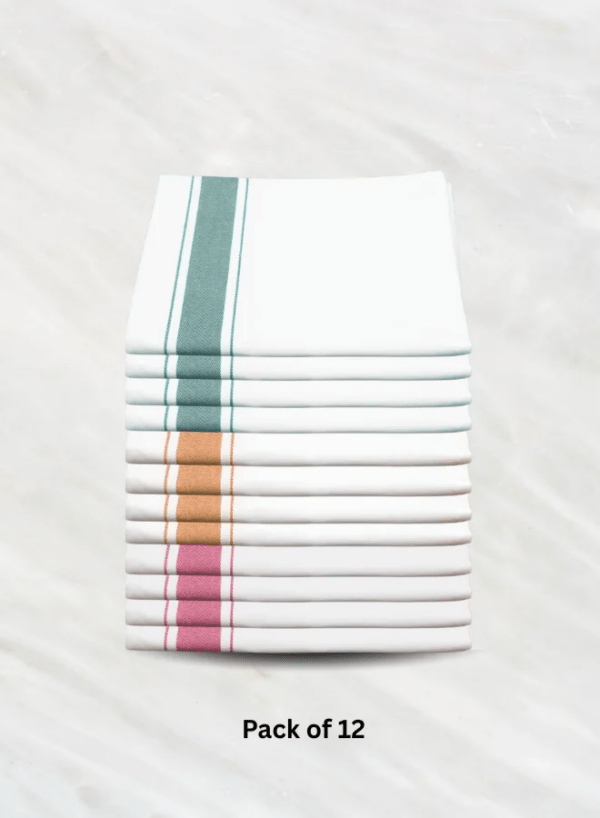 Soft Linen Wiping Cloth, White with Pink, Yellow and Green stripe (50x70 cm) | Pack of 12