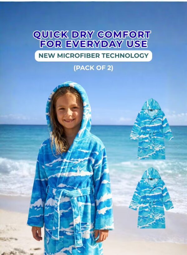 Kids Hooded Bathrobe Pack of 2– Quick Dry Microfiber Beach & Bath Robe for Boys & Girls, Soft Absorbent Swim Cover Up, Lightweight Pool & Home Use