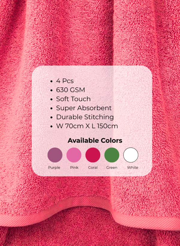 Pearl Coast Luxury Bath Towel Set (Pack of 4) – Premium 100% Cotton, 630 GSM – Ultra Soft, Highly Absorbent Hotel & Spa Quality Towels