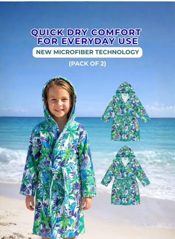 Kids Hooded Bathrobe Pack of 2– Quick Dry Microfiber Beach & Bath Robe for Boys & Girls, Soft Absorbent Swim Cover Up, Lightweight Pool & Home Use