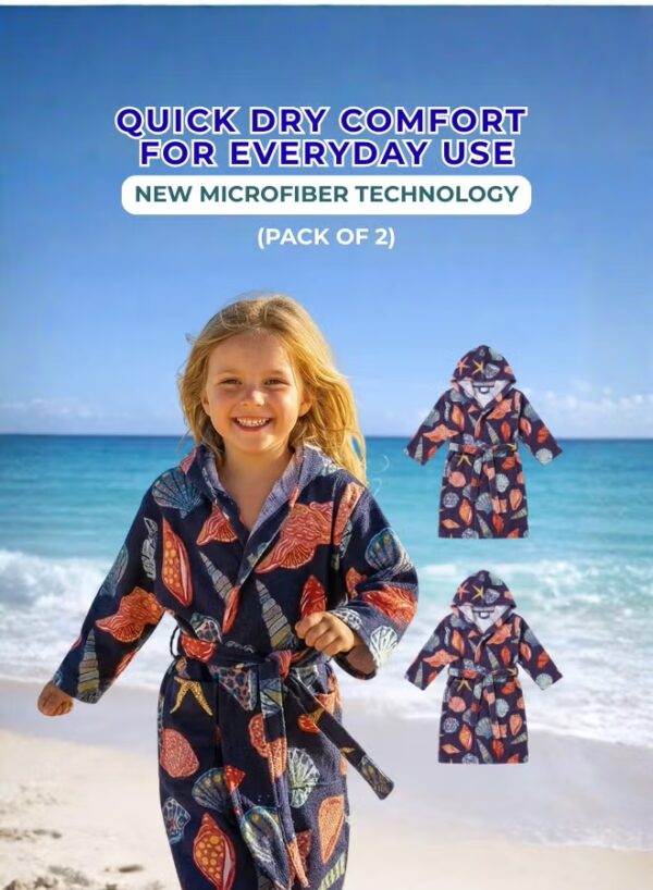Kids Hooded Bathrobe Pack of 2– Quick Dry Microfiber Beach & Bath Robe for Boys & Girls, Soft Absorbent Swim Cover Up, Lightweight Pool & Home Use