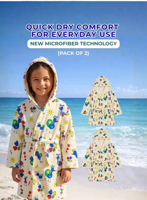 Kids Hooded Bathrobe Pack of 2– Quick Dry Microfiber Beach & Bath Robe for Boys & Girls, Soft Absorbent Swim Cover Up, Lightweight Pool & Home Use