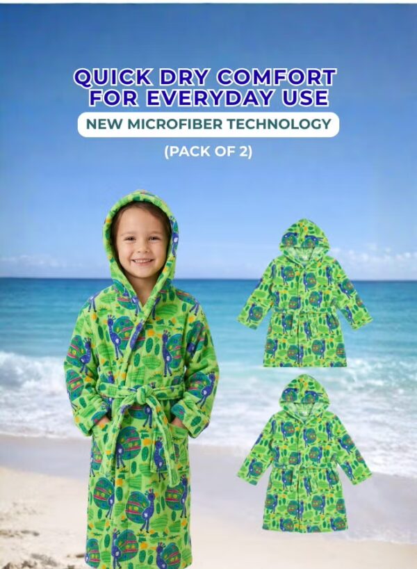 Kids Hooded Bathrobe Pack of 2– Quick Dry Microfiber Beach & Bath Robe for Boys & Girls, Soft Absorbent Swim Cover Up, Lightweight Pool & Home Use